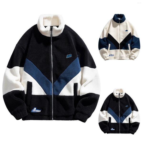 Jaquetas masculinas Jaqueta de retalhos masculina Outerwear Teddy Fleece com gola alta inverno suor zip esqui