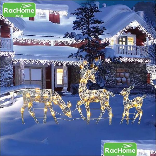 Decorações de Natal 3 pc cervos de ferro forjado com luz LED brilhante piscando estátua de elk glitter lantejoulas rena ornamento de natal casa d dhhyn