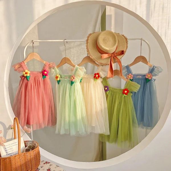 Vestidos de menina 2023 verão meninas vestido 3d flores malha princesa crianças sem mangas verde rosa azul bege para 2-12y