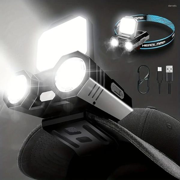 Faróis recarregável LED alto lúmen farol impermeável com sensor de movimento / bandana ajustável 5 modos lâmpada de clipe de tampa