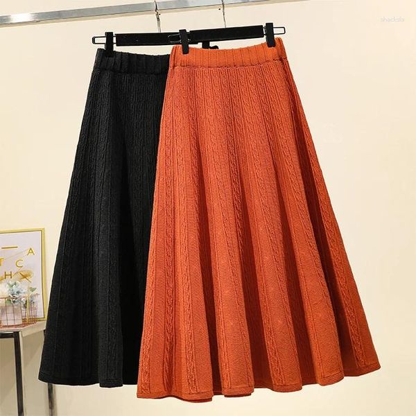 Röcke Schwarz Orange Gestrickte Lange Regenschirm Elastische Taille Elegante Hohe Taille Frauen Frühling Herbst Winter Koreanischen Stil Mode