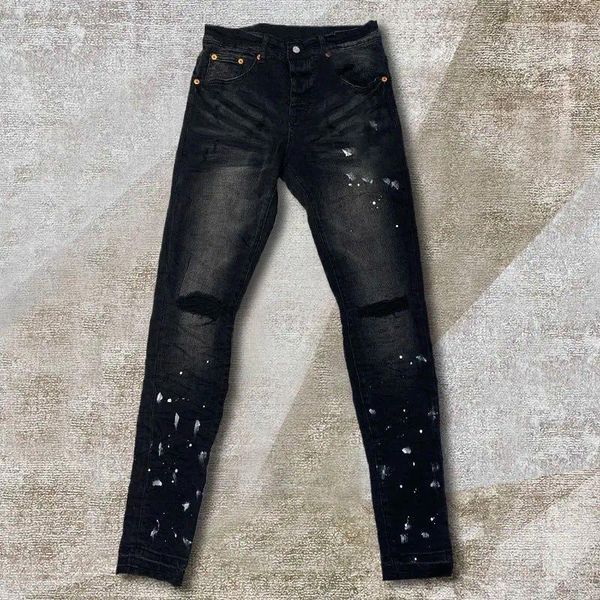 Jeans da uomo Splash Ink Jean Hombre Patch Biker Streetwear Pantaloni in denim strappati Pantaloni affusolati skinny elasticizzati con acqua lavata vecchia Nero