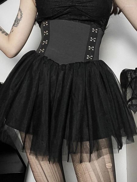 Saias 2023 Mulheres Wearskirt Alta Laço Escuro Preto Mulheres Gótico Cintura Malha Detalhe Petticoat Sexy Mini Tulle Party Club Wear