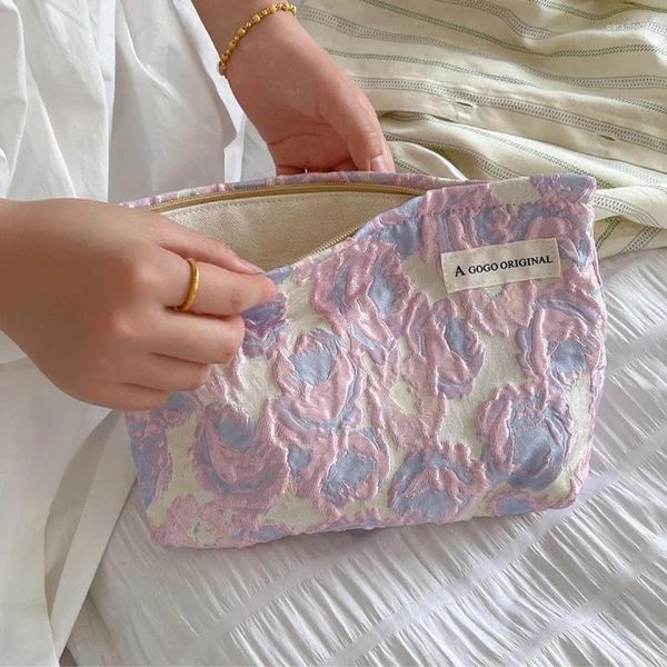 Borse per cosmetici Pochette in tessuto jacquard rosa viola rosa Pochette da donna portatile per trucco da viaggio di grande capacità