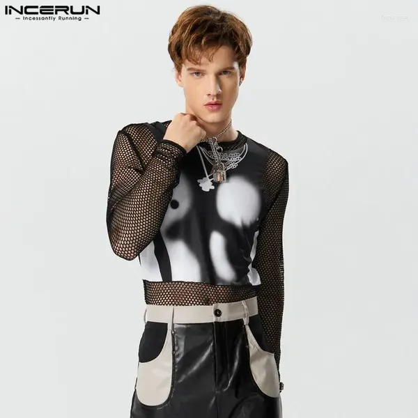 Erkekler tişörtler Incerun Erkekler Mesh Patchwork Şeffaf Moda Giyim Sokak Giyim Seksi 2023 Fitness Unisex Düzensiz Mahsul Tops