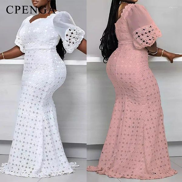 Etnik Giysiler 2023 Beyaz Dantel Afrika Mesh Elbise Kadınlar İçin Zarif Lady Düğün Gece Elbise Artı Boyut Seksi Femme Partisi Bodycon Elbise