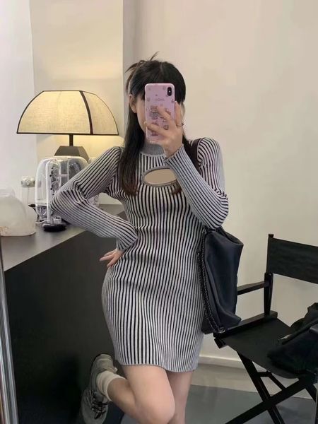 Mulheres sexy apertado malha jumper vestido designer de moda crochê azul cinza vestidos de algodão luxo um tamanho vestido fino mulher outono luxo senhora roupas