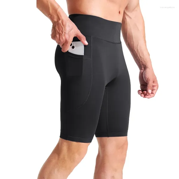 Laufshorts mit hoher Taille, Fitness, Radfahren, Herren, Sport-Leggings mit Reißverschlusstasche, atmungsaktive elastische Hose