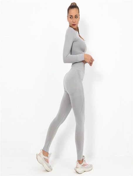 Sem costura conjunto de yoga feminino cinza 2 pçs duas peças topo colheita tshirts booty leggings sportwear treino outfit fitness gymwear esporte sets8586862