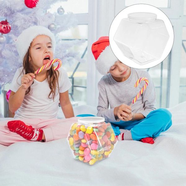 Frascos de armazenamento Frasco de biscoito de doces com tampa Suporte de plástico reutilizável transparente Canister hexagonal