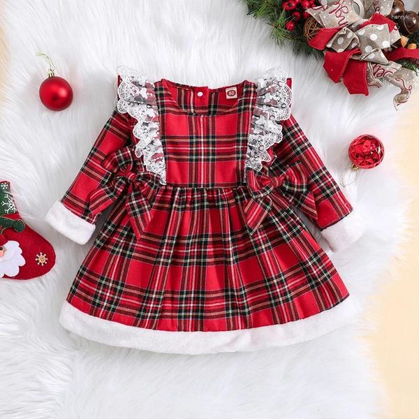 Vestidos de menina bebê vestido de natal criança bowknot manga longa xadrez a linha princesa festa tutu roupas de natal