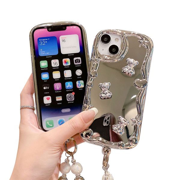 Custodie per telefoni di lusso Specchio Cover protettive Apple per IPhone 15 14 Plus 13 12 Pro Max Bracciale estetico amore Custodia morbida antiurto Fascia da polso Perline Catena Scatola al dettaglio