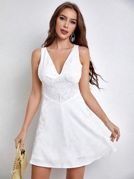 Vestidos casuais feminino laço francês impresso mini vestido verão profundo decote em v branco elegante saia de linha saias curtas doce picante sem mangas