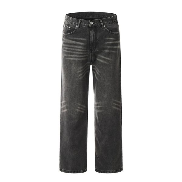 America High Street Jeans vintage graffiati da uomo Pantaloni dritti a pieghe larghi retrò lavati a figura intera in denim casual Quattro stagioni