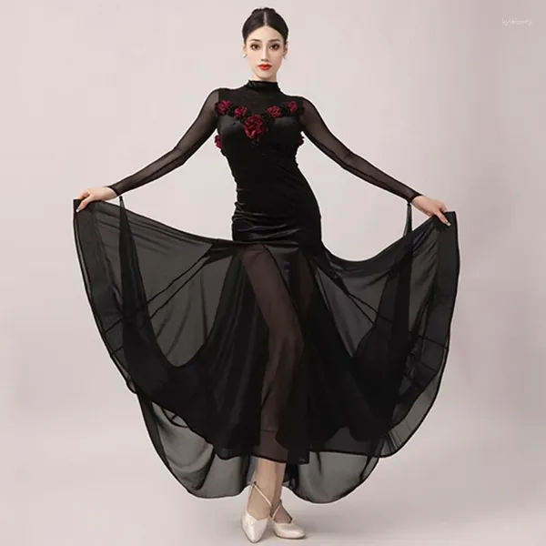 Palco desgaste 2023 vestido de dança de salão mulheres flor preto mangas compridas baile clube social valsa roupas desempenho l11675