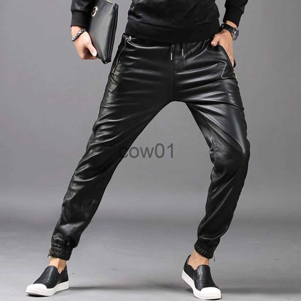 Calças masculinas tsingyi moto motociclista calças de couro falso homens corredores harem calça elástica cintura zíper bolsos preto streetwear slim fit roupas masculinas j231028