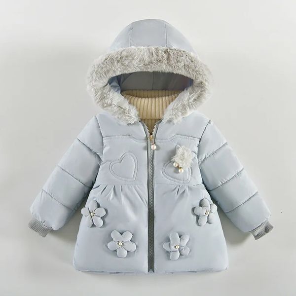 Piumino 2 3 4 anni Fiori Ragazze invernali Tenere al caldo Collo in pelliccia moda Giacca da principessa Cerniera con cappuccio Capispalla per bambini Abbigliamento per bambini 231027