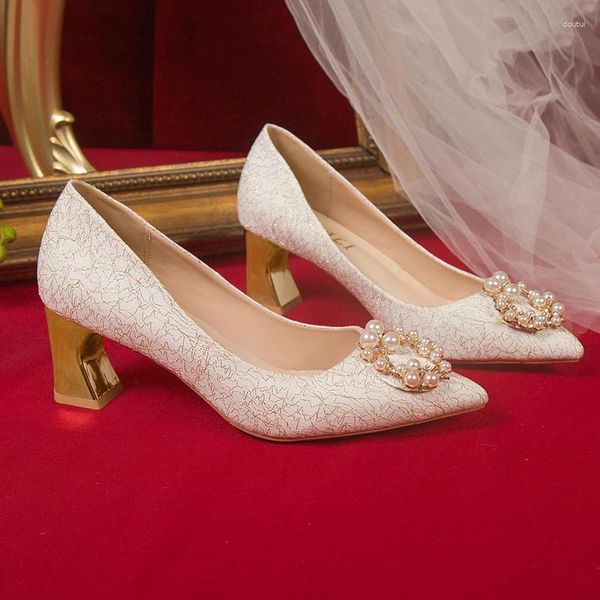 Elbise Ayakkabı Düğün Ayak Tip Kare Topuk Canvas Lüks Kadınlar 2023 Moda Pompaları İnci Gelin Yüksek Topuklar Zapatos de Mujer