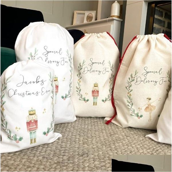 Decorações de Natal DIY Personalizado Sublimação Impressão Fina Linho Sacos de Presente Bolso Dstring Santa Sacks Bag Drop Delivery Home G Dhyfa