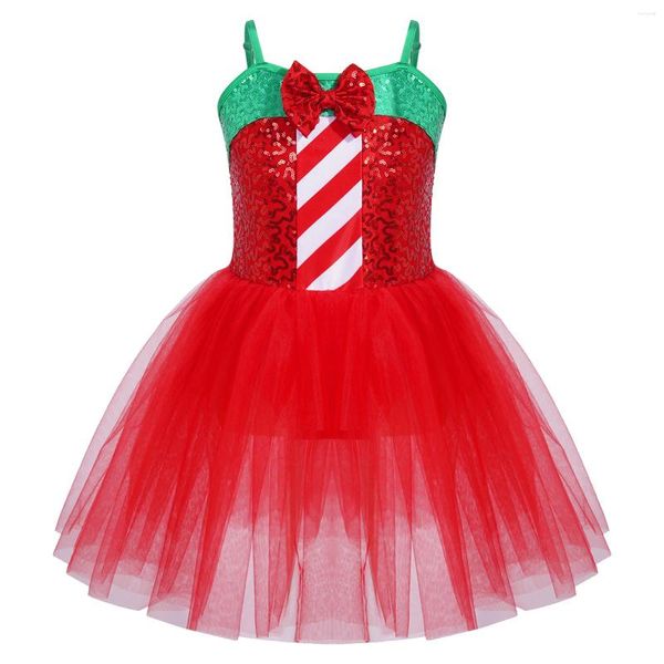 Vestidos da menina crianças meninas traje de dança de natal ballet patinação artística tutu vestido sem mangas lantejoulas malha festa de natal desempenho dancewear