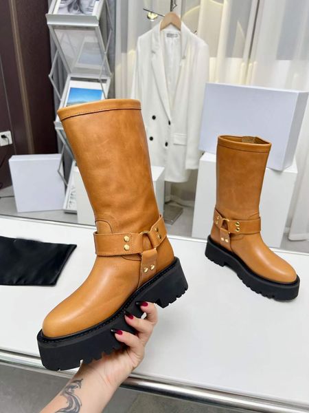 Com Caixa Botas Longas Femininas De Luxo Montezu Bota Alta Itália Plataformas Na Moda Impermeável Preto Marrom Couro Dupla Fivelas Designer Clássico Idéia De Inverno Longs Bootes