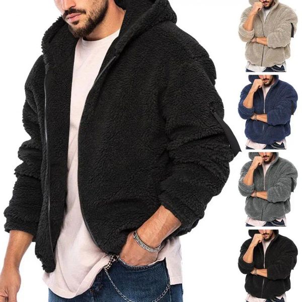 Giacche da uomo Cappotto casual Giacca in tinta unita Premium con cappuccio invernale in pile bifacciale spesso morbido resistente al freddo con cerniera