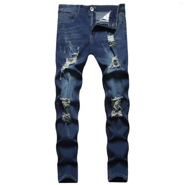 Jeans masculinos 2023 estilo homens magro rasgado buraco rebarbas personalidade dobras tendência magro motocicleta bicicleta calças jeans