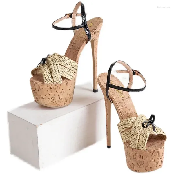 Sandálias femininas palha de verão sexy sandal moda temperamento salto alto bombeia plataforma de couro plus size 35-42 v