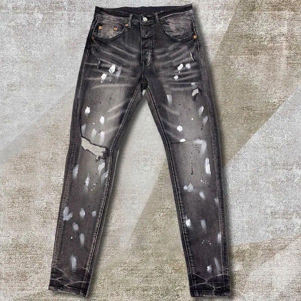 Calças de brim masculinas High Street Wash Water Zipper Jean para homens preto cor respingo design impressão hombre motocicleta calças rasgadas noir homme