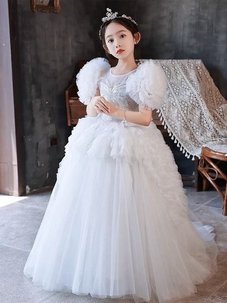 Белая пухлая принцесса для девушек платья 3d цветок V шея длинные дождь детский подростков.