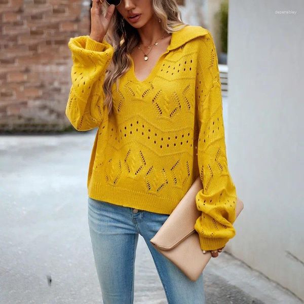 Maglieria da donna 2023 Fiore giallo Hollow Temperamento elegante della signora È più sottile Bottone moda Soild Impreziosito Cappotto corto lavorato a maglia Femminile