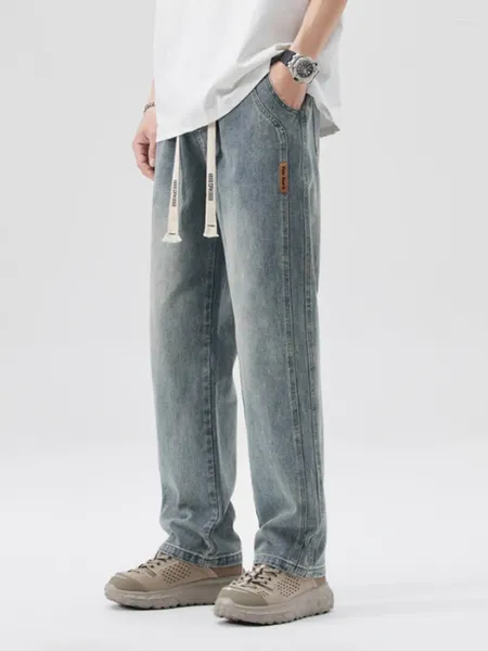Jeans masculinos yihanke marca larga calças soltas rugas anti-rugas desgaste confortável casual y2k roupas calças masculinas