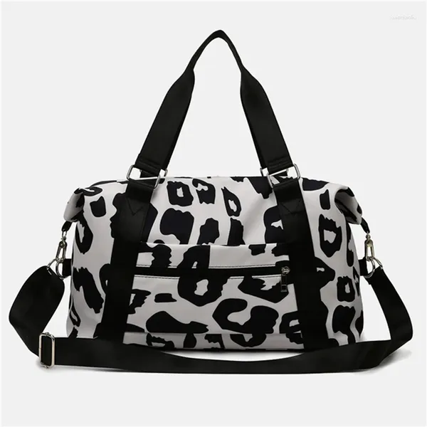 Sacos ao ar livre rosa preto leopardo impressão impermeável saco de fitness para mulheres homens viagem duffle grande tote ginásio esportes unisex