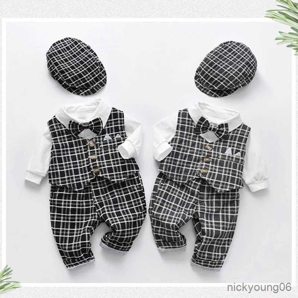 Kleidungssets Gentleman-Kleidung für Neugeborene, karierte Weste, Hut, Hose, weißer Body, Hochzeitskostüm, Baby, formelle Leistung, Boutique-Set R231028