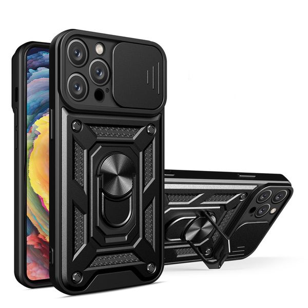 Capas de telefone robustas à prova de choque de nível militar para iPhone 15 14 13 12 11 Pro Max XR XS 7 8 Plus Capa protetora com suporte de anel embutido Capa para câmera deslizante