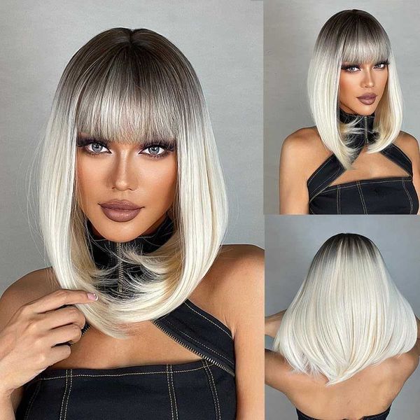 Perucas sintéticas novas mulheres completa franja curto cabelo reto bob gradiente cores múltiplas cores disponíveis peruca