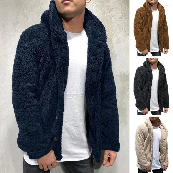 Casacos masculinos homens casaco de inverno confortável lã com capuz com fecho de botão grosso casaco quente para tempo frio