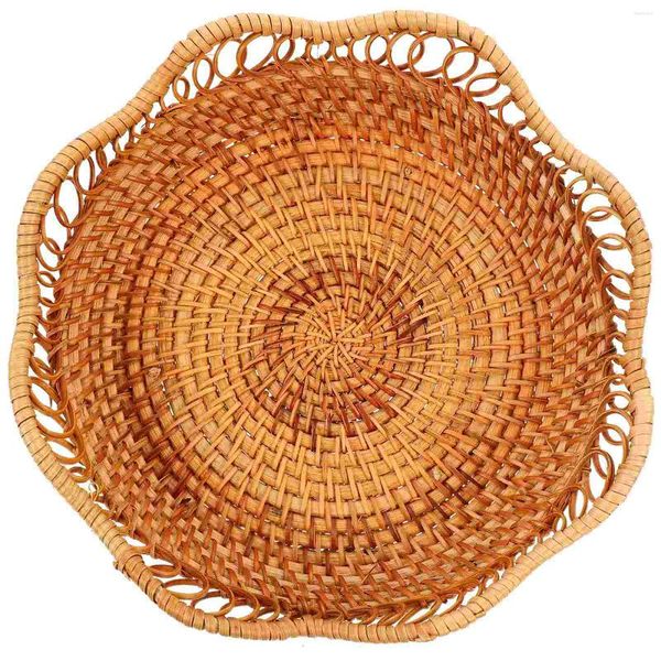 Conjuntos de louça de rattan tigela de frutas cesta de armazenamento doméstico exibição seagrass cestas prato tecido organizador de madeira redonda bandeja decorativa