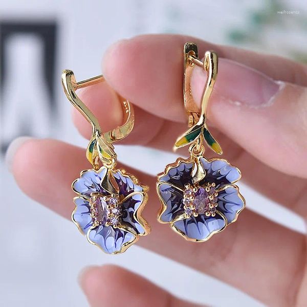 Dangle Brincos Moda Cobre Violetas Flor Zircônia Roxo Oco Estético Elegante Declaração Para Mulher Jóias Presente