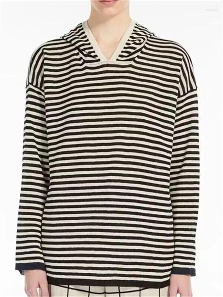 Maglioni da donna Maglione con cappuccio a righe in lino da donna Autunno 2023 Top pullover in maglia ampia a maniche lunghe da donna