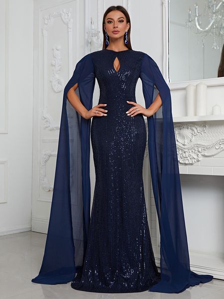 Musilm Luxus Abendkleid Pailletten High Neck aushöhlen Kleid Langarm Schal Fischschwanz Rock Dubai Arabischen SSX9012