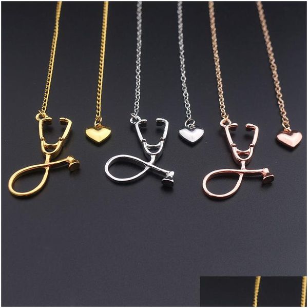 Anhänger Halsketten Stethoskop Halskette Lariat Herz Rose Gold Schwarz Farbe Neueste Krankenschwester Medizinische Collares Bijoux Drop Lieferung Schmuck P DHSFR