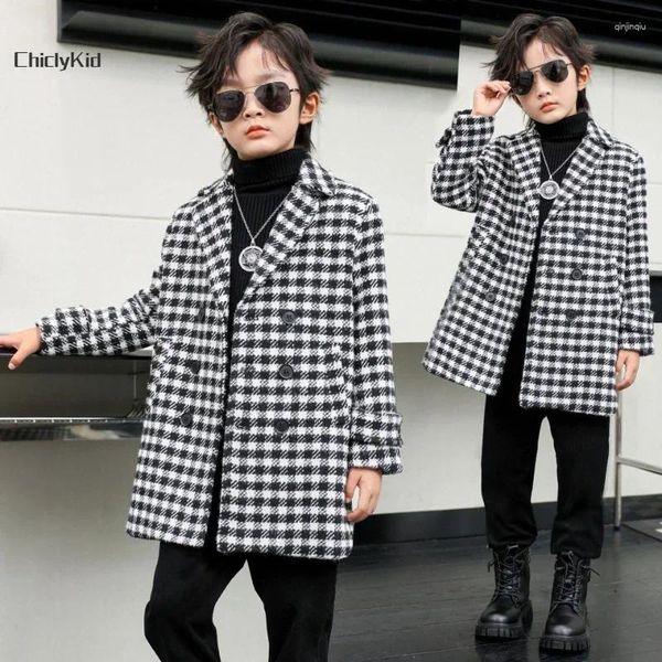 Jaquetas meninos outono inverno houndstooth longo casaco de lã crianças xadrez moda sólida listrado blusão jaqueta crianças adolescente grosso casaco