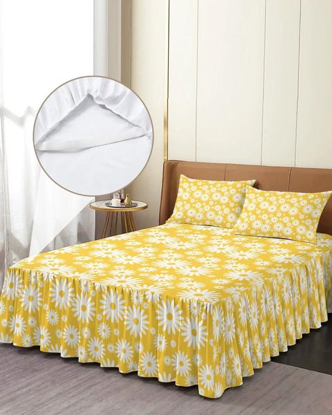 Saia de cama fresca margarida flores amarelo elástico colcha com fronhas capa colchão conjunto cama folha