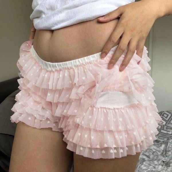 Shorts femininos mulheres doce fairycore skorts moda babados cintura elástica senhoras malha renda em camadas calças finas