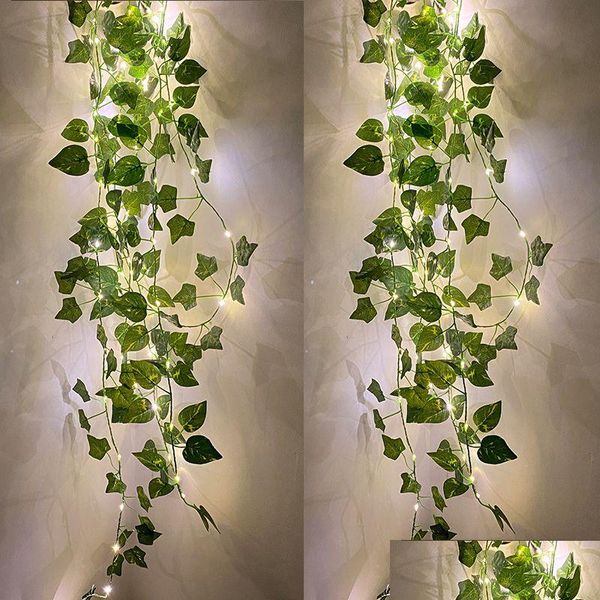 Faux Floral Greenery 2M/20 LED Künstliche Pflanzen Leuchtende Cane Green Leaf Ivy Vine Fairy Light String Girlande Für Zuhause W Homefavor Dhb2E