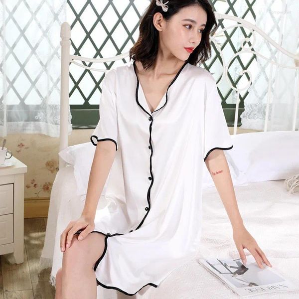 Mulheres sleepwear verão mulheres onduladas borda cetim camisola de manga curta camisola de seda casual solto camisola casa roupas