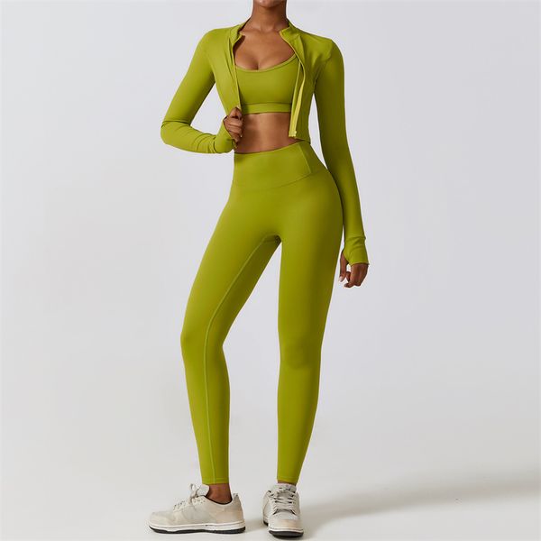 LL8347 Roupa feminina de ioga de três peças ternos colete + calças + jaquetas justas roupas de fitness exercício corrida treino elástico roupas esportivas calças de cintura alta tops