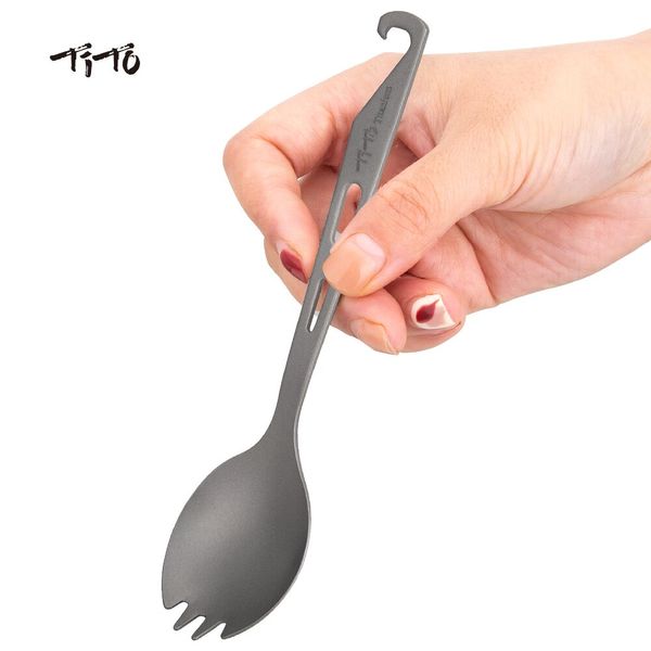 TiTo Cucchiaio in titanio con apribottiglie Forchetta cucchiaio da pranzo leggera all'aperto per viaggi in campeggio con zaino in spalla