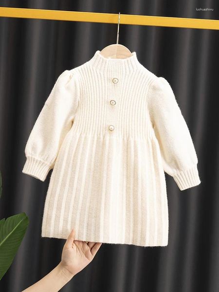 Vestidos da menina outono inverno crianças de malha meia gola alta lanterna manga retalhos meninas pullovers bonito sólido all-match crianças vestido